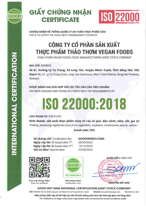 Giấy chứng nhận ISO 22000:2018
